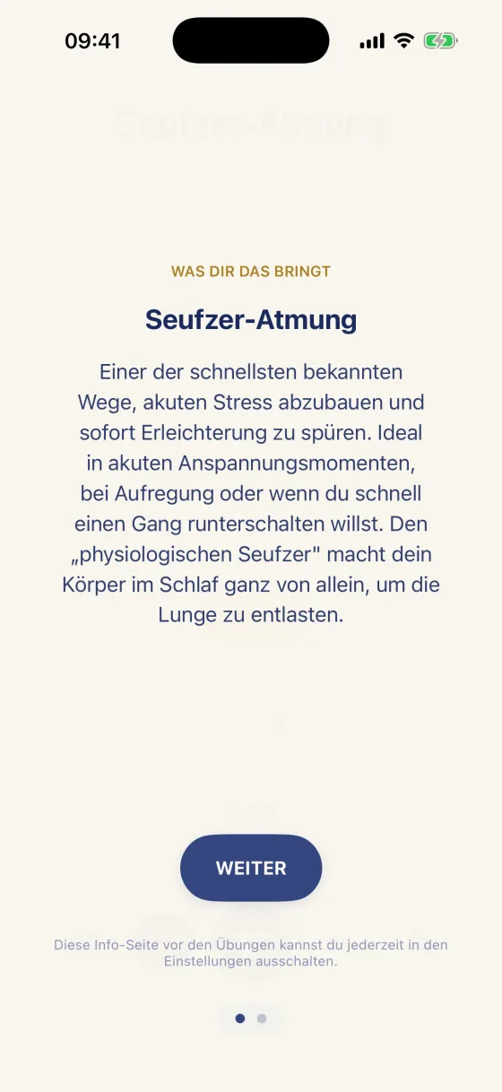 Erklärungsseite vor dem Start einer Atemübung in der 8Breath iOS-App mit der Überschrift „Was dir das bringt“ zur Seufzer-Atmung und der Schaltfläche „Weiter“.
