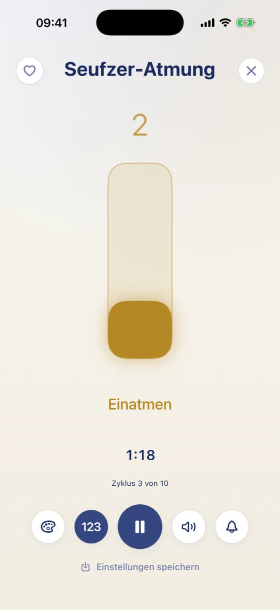 Laufende Atemübung in der 8Breath iOS-App: die Lichtsäulen-Animation ist beim Ausatmen fast leer, darüber der Countdown 5, darunter die Phasenbezeichnung „Ausatmen“, die Restzeit 1:30 und der Hinweis „Zyklus 1 von 10“.