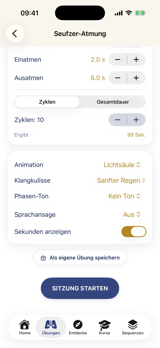 Übungen-Bereich der 8Breath iOS-App mit der Überschrift „Atemübungen“, einem Suchfeld und den nach Zielen sortierten Abschnitten „Soforthilfe & SOS“ mit Seufzer-Atmung und 4-7-8-Atmen sowie „Stress & Anspannung lösen“ mit Kohärent Atmen und Wechselatmung.