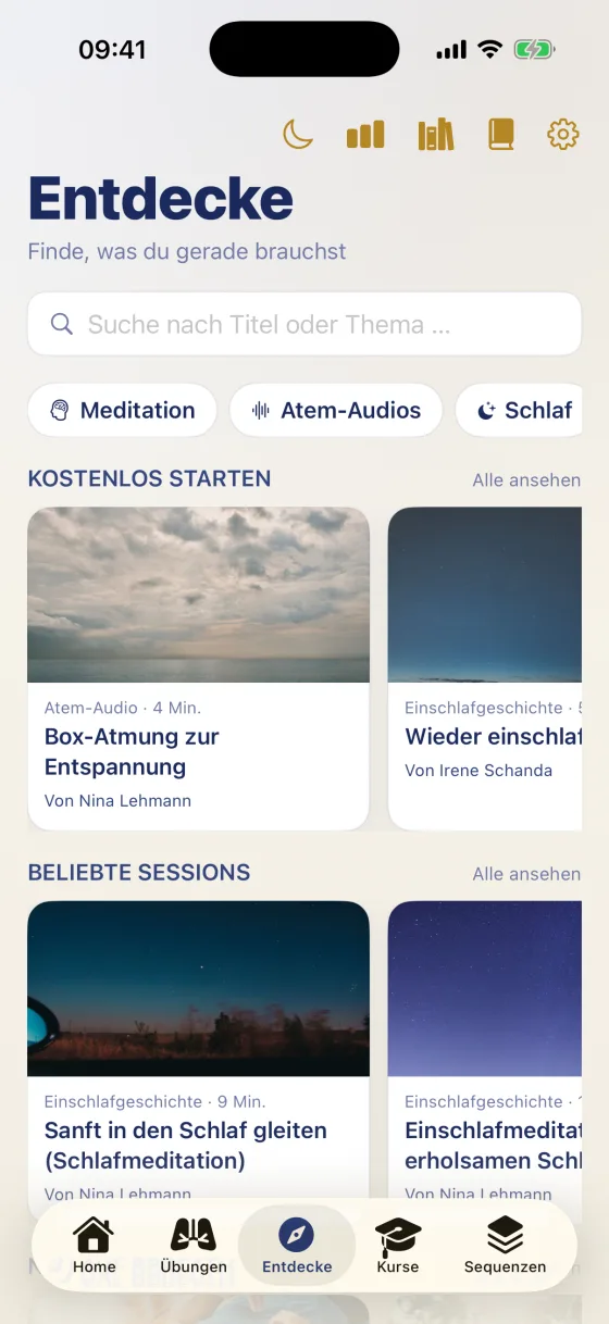 Entdecke-Bereich der 8Breath iOS-App mit Suchfeld, Filter-Chips für Meditation, Atem-Audios und Schlaf sowie den Abschnitten „Kostenlos starten“ und „Beliebte Sessions“ mit Audios von Coaches.