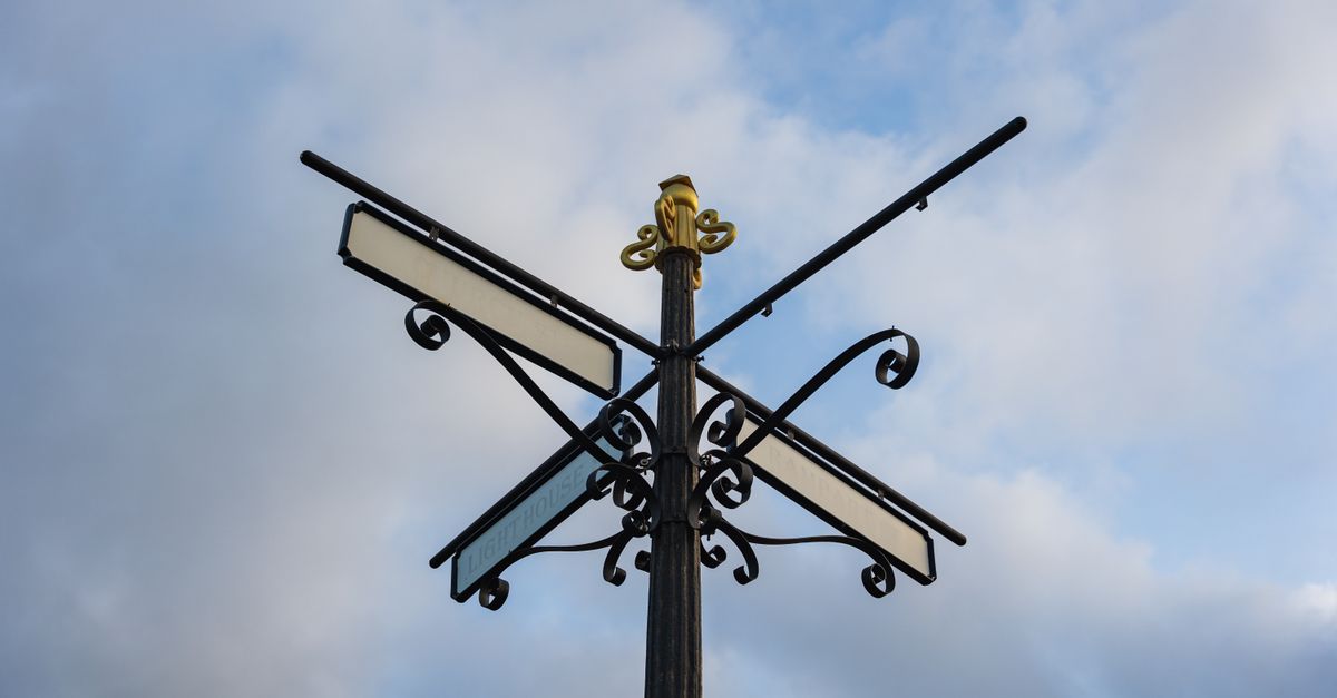 Verschnörkeltes Wegweiser-Schild mit mehreren Armen vor blauem Himmel, Sinnbild für zwei Namen desselben autonomen Nervensystems
