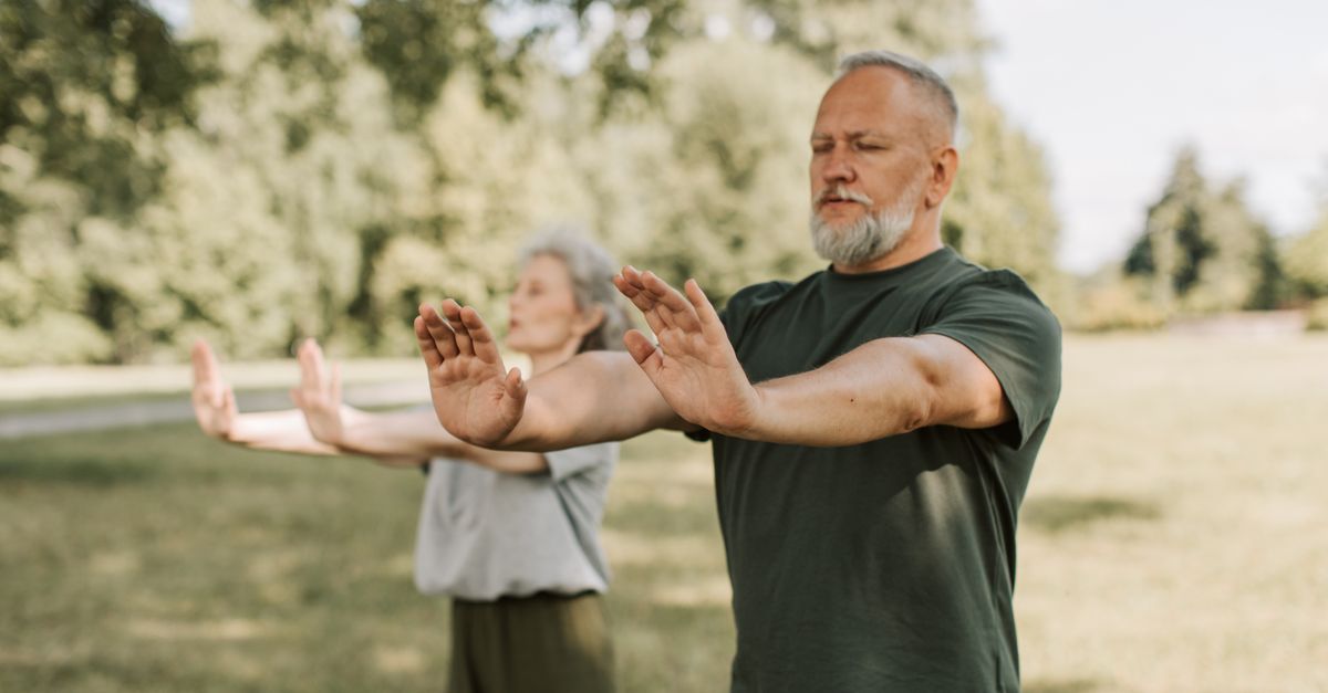 Älteres Paar praktiziert gemeinsam Tai Chi im Park, Arme in einer ruhigen, fließenden Bewegung ausgestreckt