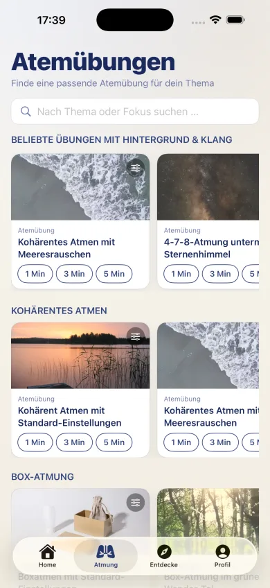 Atemübungen mit Hintergrund und Klang in der 8Breath App