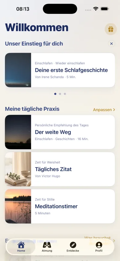 Startbildschirm von 8Breath mit deiner ersten Schlafgeschichte