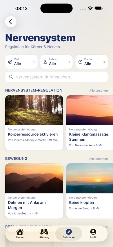 Bereich Nervensystem mit Übungen zur Regulation in der 8Breath App