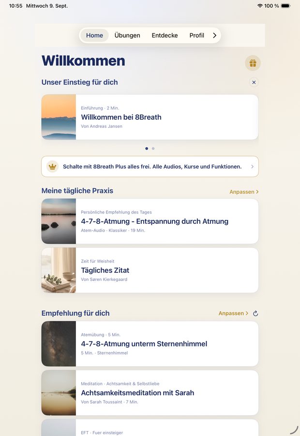 8Breath auf dem iPad: Home